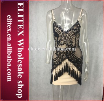 Wholesale fashion stock black sleeveless spangle party dress open sexy boobs