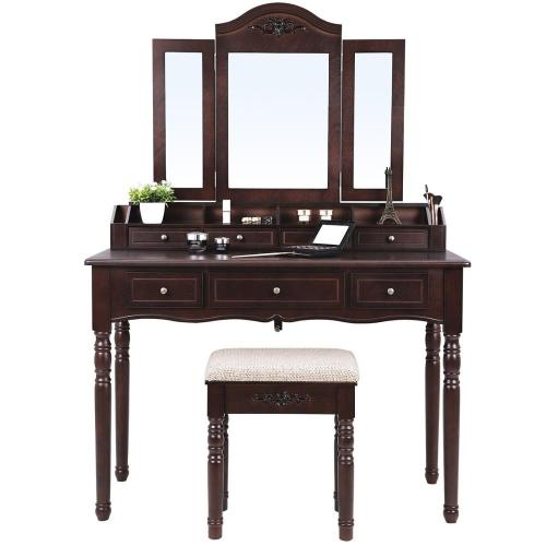 Drawers Dressing Table In Wood With Cushioned Stool