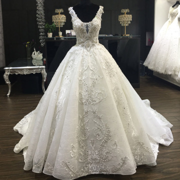 Round-neck Applique Lace Sequins Wedding Dress Real Sample