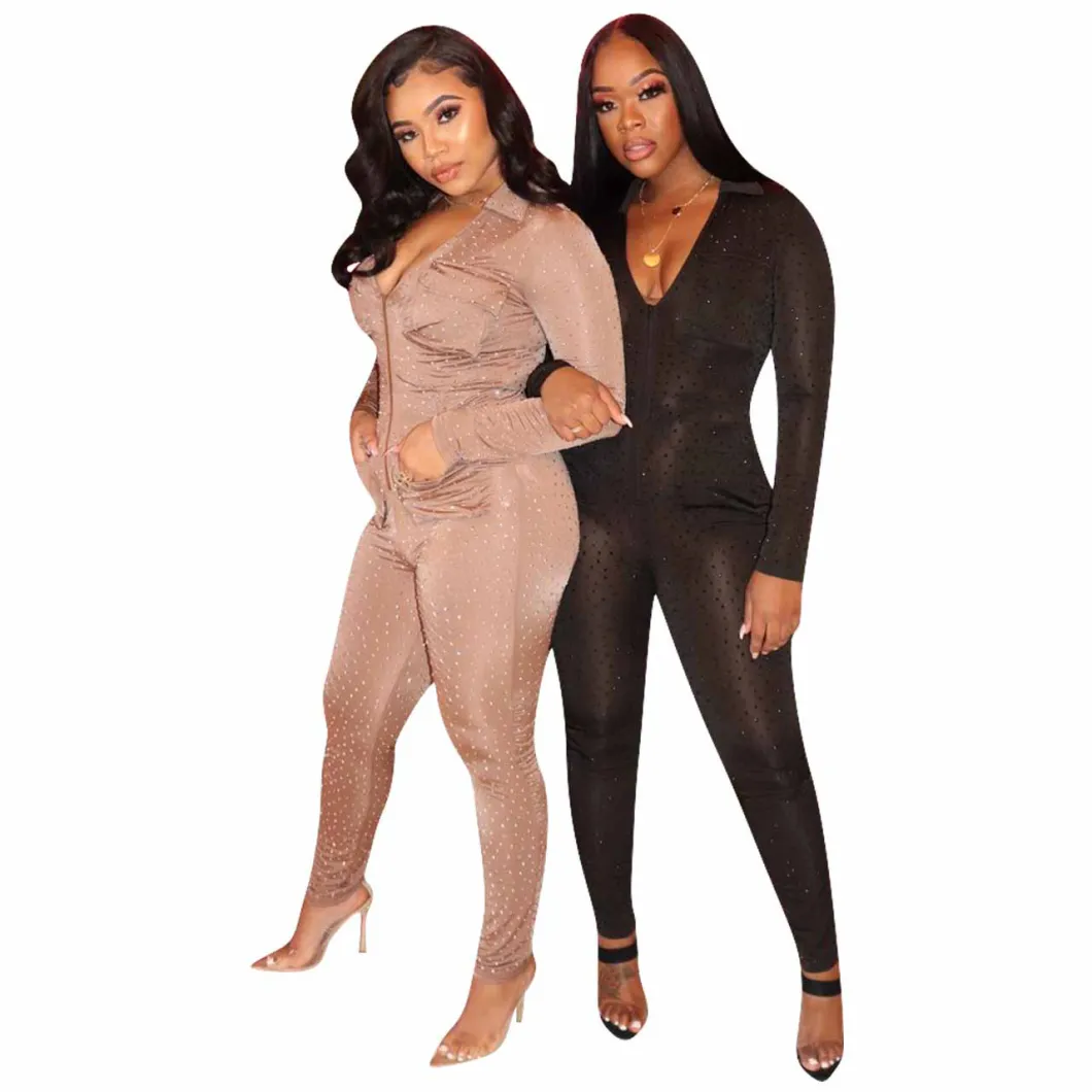 Most Popular Fall Autumn Translucent Romper Long Sleeve Bodysuit Women Rhinestone Costume Jumpsuit