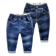 Spring and autumn clothes elastic waist blue kids jeans waist plaid stitching cloth boy's jeans