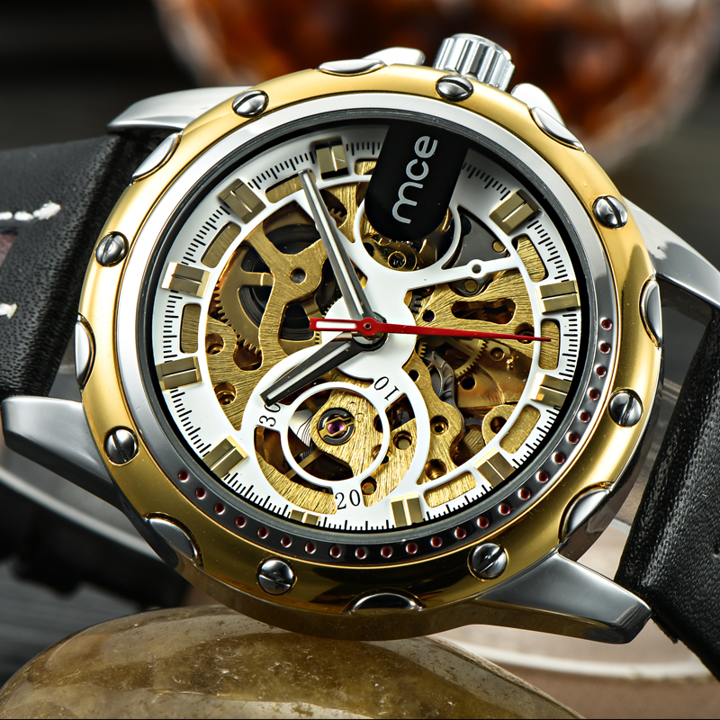 Genuine Leather Skeleton Automatic Watch for Man