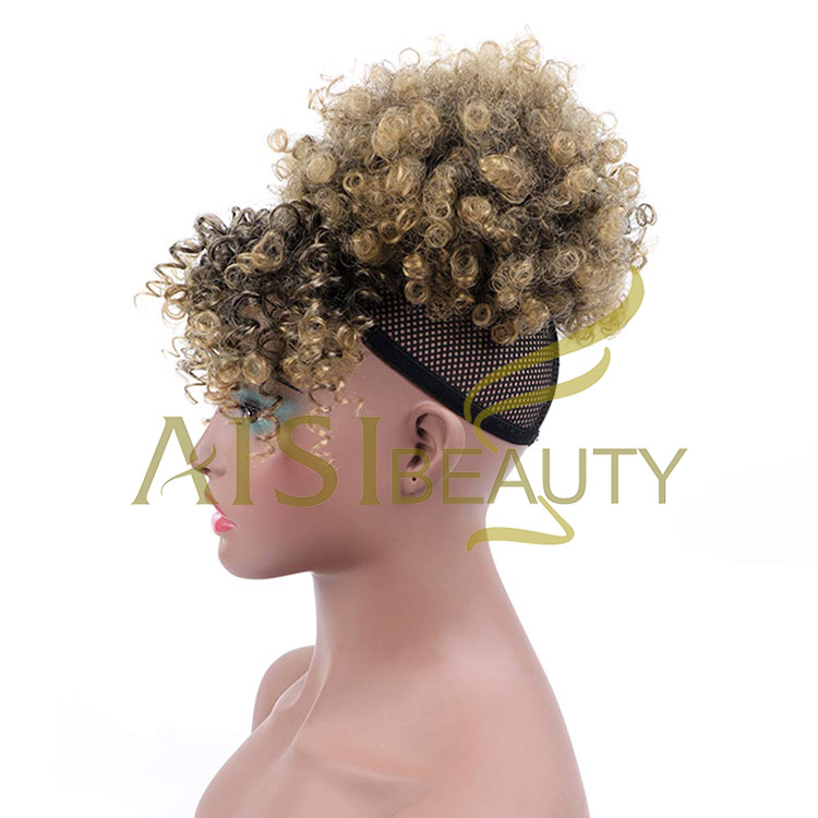 Aisi Beauty New Design Wholesale Mixed Brown Blonde Fluffy Puff Hairpiece Extension With Bangs Curly Afro Kinky Afro Hair Bun