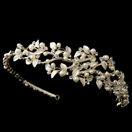 Light Gold Ivory Pearl & Rhinestone Vine Side Headband