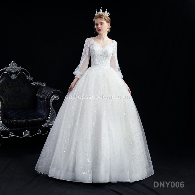 Ny elegant brud Langærmet V-hals Blonde Applique Long Sleeve Brides Tull White Elegant Long Train Wedding Dress