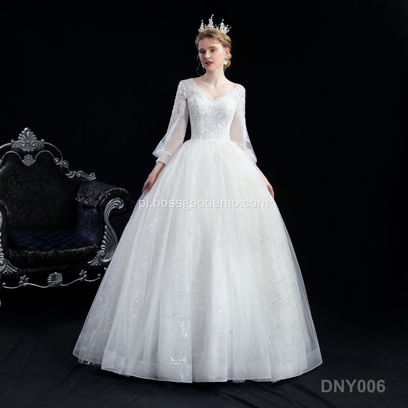 Nowy elegancki panna młoda z długim rękawem V-Neck Lace Aplikacja z długim rękawem Brides Tull Biała elegancka długa suknia ślubna