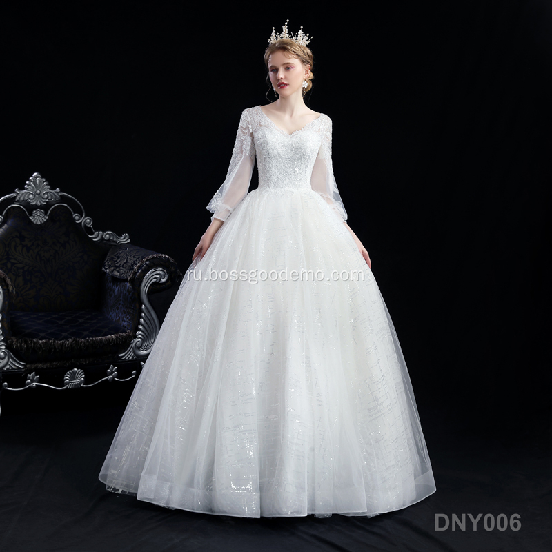 Новая элегантная невеста с длинным рукавом V-образным вырезом кружева с длинным рукавом невесты Tull белый элегантный длинный поезд свадебное платье