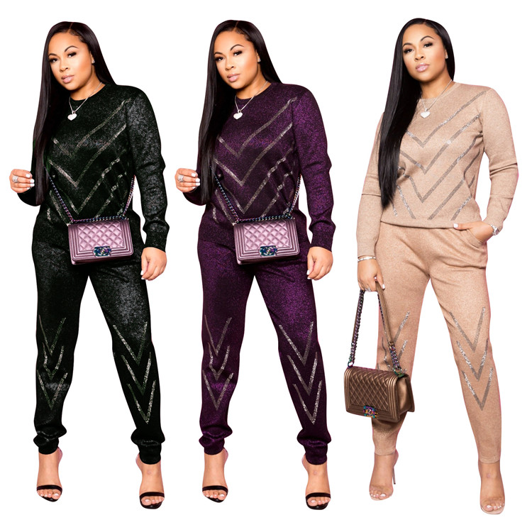 C0479 2020 Fashion women outfit two piece set diamond pullovers 2 piece tracksuit set