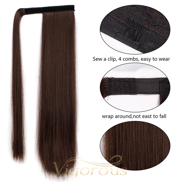 Natural Wholesale Fiber Glueless Long Straight Synthetic Ponytail Clip In Hand Tied Weft Hair Extension