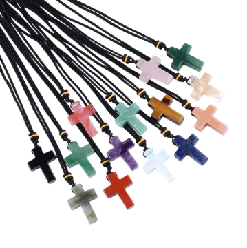 Natural Stone Cross Pendant Necklace Gemstone Stone Transverse Hole Cross Charm Pendant Choker Adjustable Rope