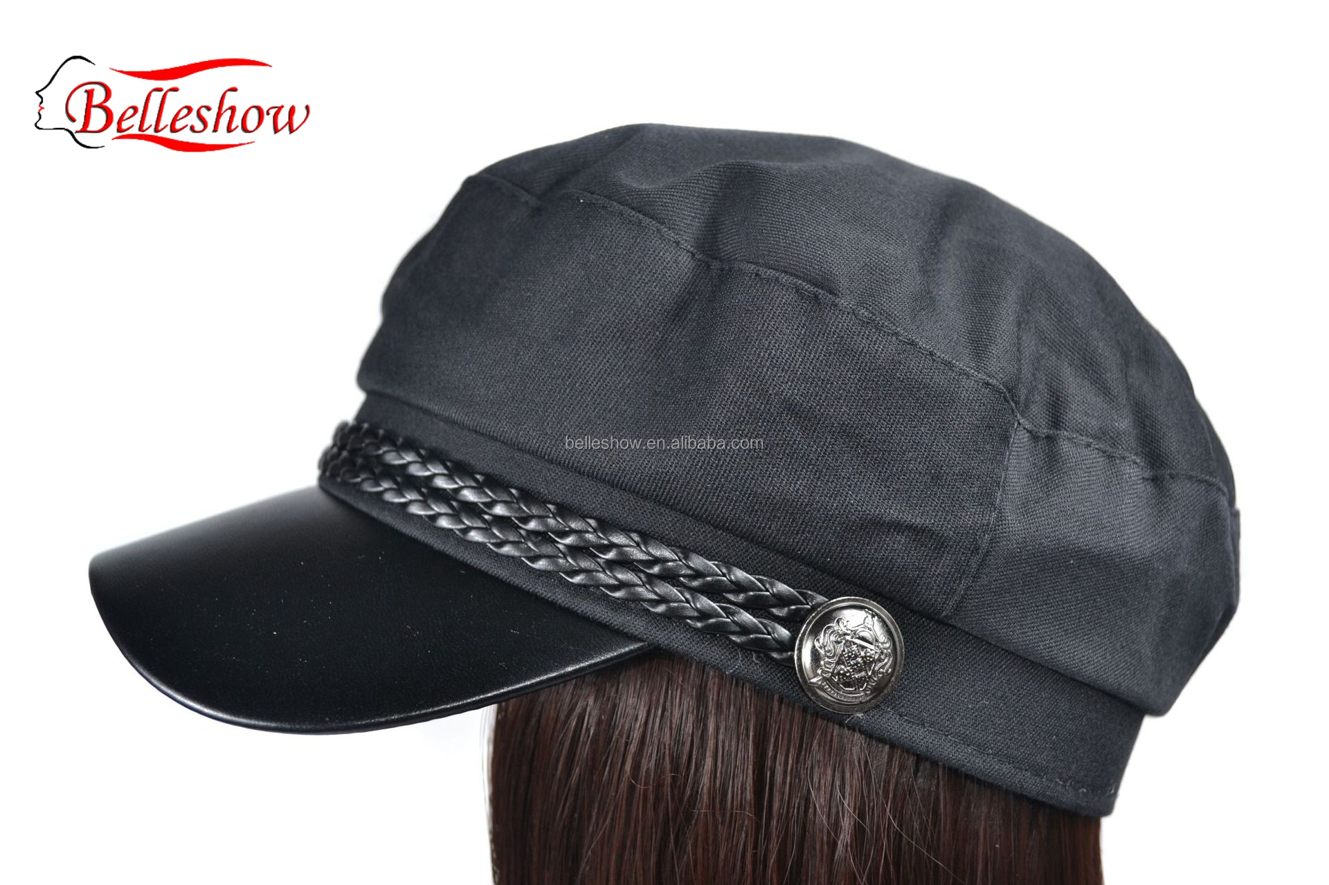 Hot sell Navy hat wig cap fashion girl black straight wig cap Long straight hair hat wig long straight hair