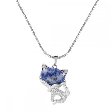 Sodalite Luck Fox Necklace for Women Men Healing Energy Crystal Amulet Animal Pendant Gemstone Jewelry Gifts