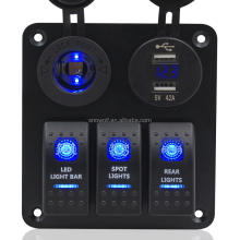 Blue S2 3 Gang Car Rocker Switch Panel with USB Socket, Power Plug, and Voltmeter