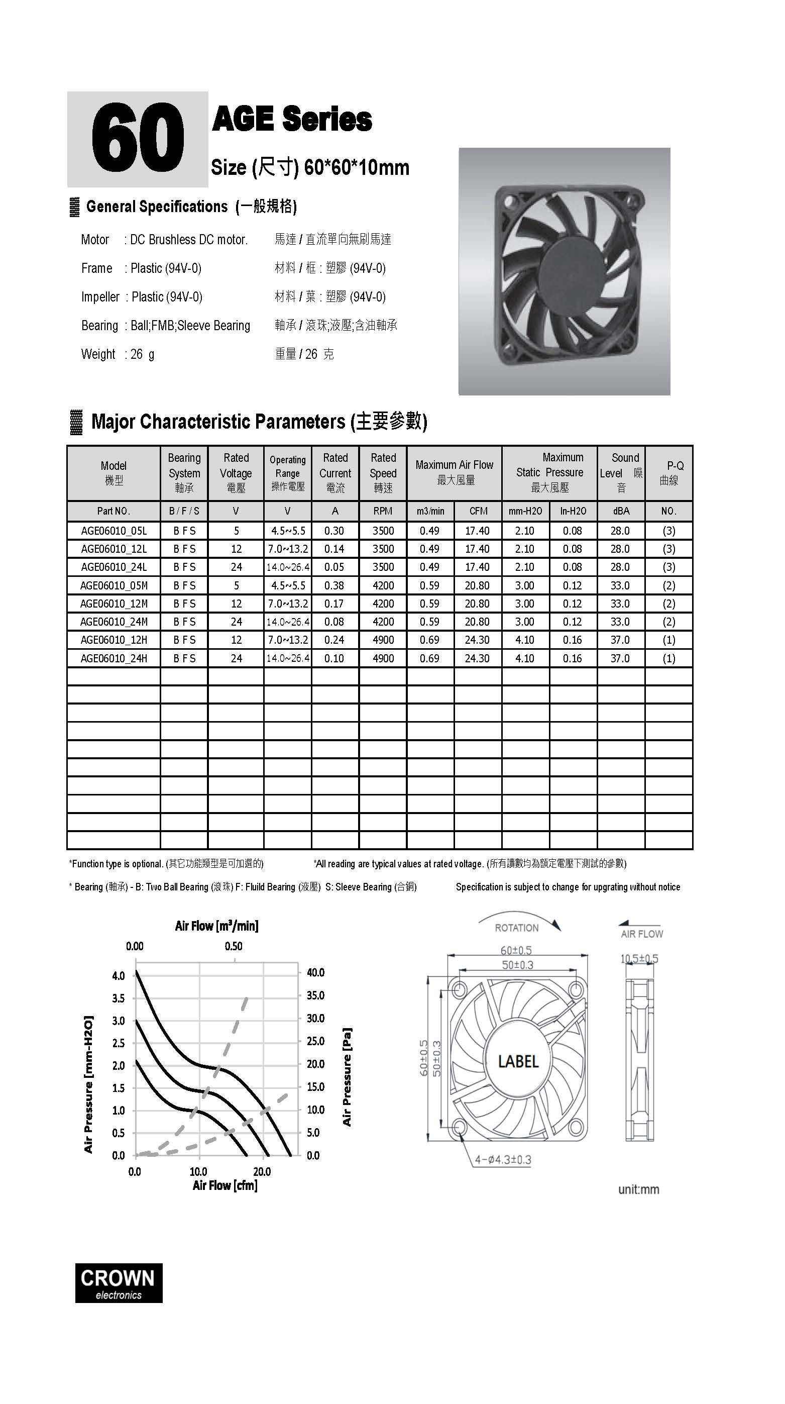 クラウン5V 12V 24V 6010軸流DCファン