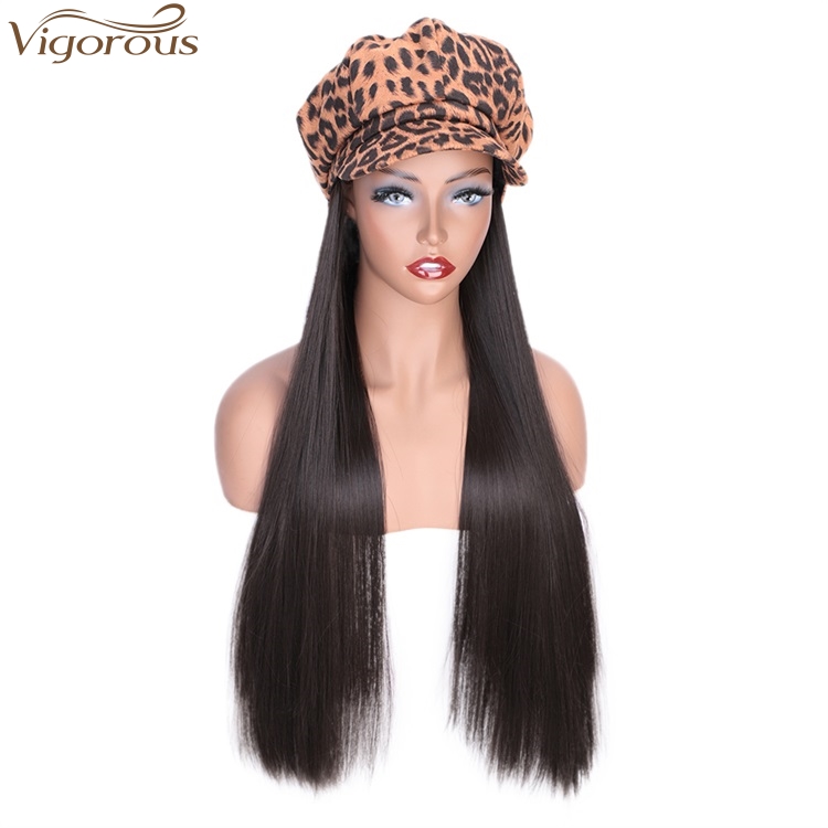 Vigorous Black Synthetic Fiber Wig With Orange Leopard Hat For Women Straight Heat Resistant Glueless Hair Wigs