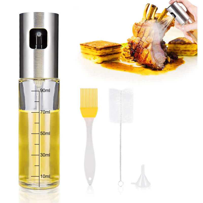 Olive Oil Sprayer for Cooking 4 IN 1 Refillable Oil and Vinegar Dispenser Bottle with Bottle Brush and Oil Funnel for BBQ