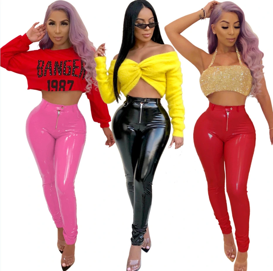 2020 Amazon Hot Sell Thick Velvet Colorful Joggers Elastic Casual PU Faux Leather Pants for Women