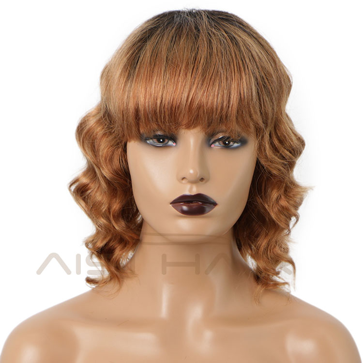 Aisi Hair Vendor Cheap Short Wavy Bob Hair With Bangs Ombre Brown Curly Brazilian Human Hair Wig