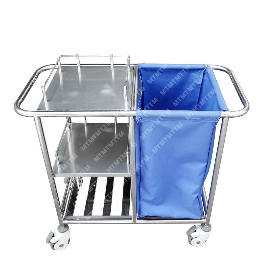 Waterproof Bag Mobile Nursing Cart Patient Room Cleaning Dirty Mobile Stainless Steel Hospital Trolley