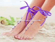 Multicolor Sexy Barefoot Sandal Ribbon Pearl Anklet Foot Ankle Chain Toe Ring Jewelry