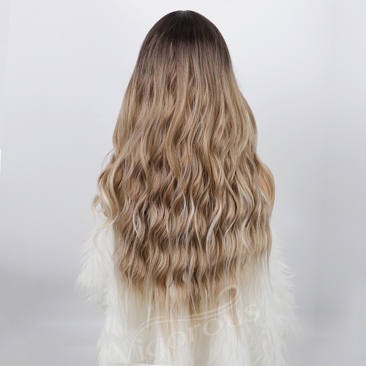 Top Quality Cheap Wholesale Vendor Heat Resistant Synthetic Fiber Lace Hair Wig Ombre Brown Dark Root Curly Long Body Wavy Women