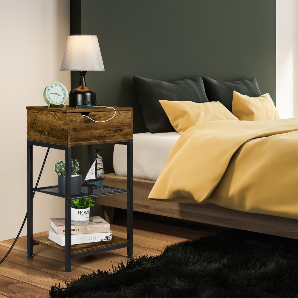 Bedside Table Nightstand With Charging Station