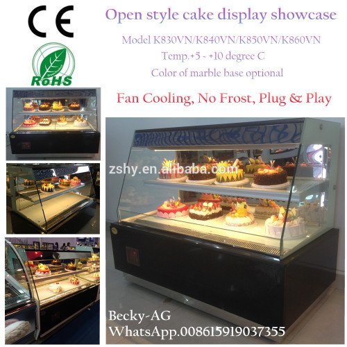 Open style no frost cake dislay showcase with black marble base