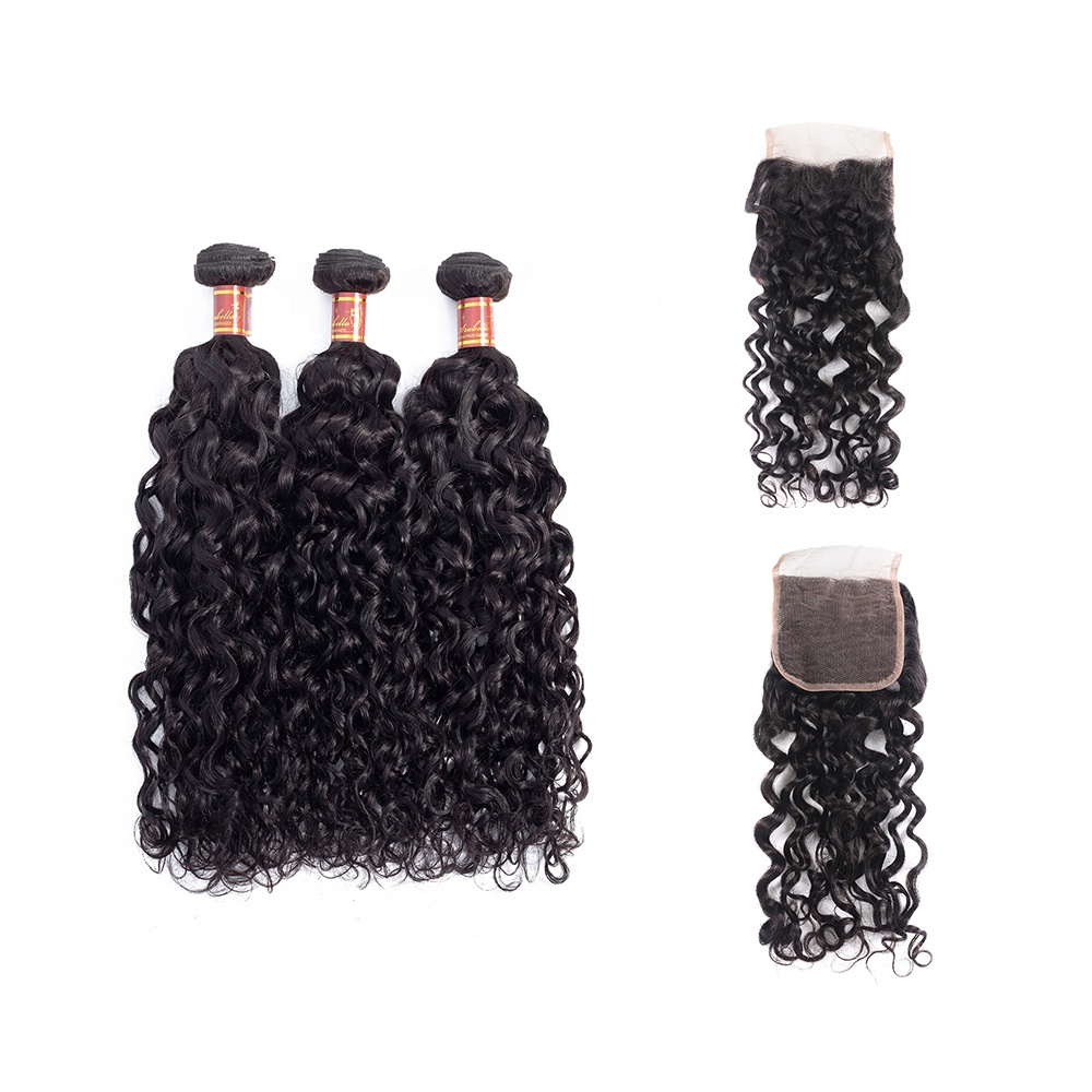 Unprocessed Remy Virgin Mink Peruvian Cuticle Aligned Water Wave Hair Bundles With Lace Front Closure