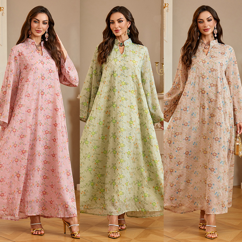 لباس ماکسی آستین بلند گلدار (3) Floral Embroidered Rhinestone Print Long Sleeve Maxi Dress