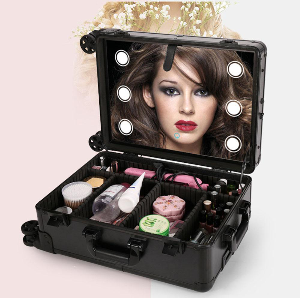 LED Makeup Train Case Lighted Rolling Travel Portable Cosmetic Organizer Box with Mirror and 4 Detachable Wheels Black