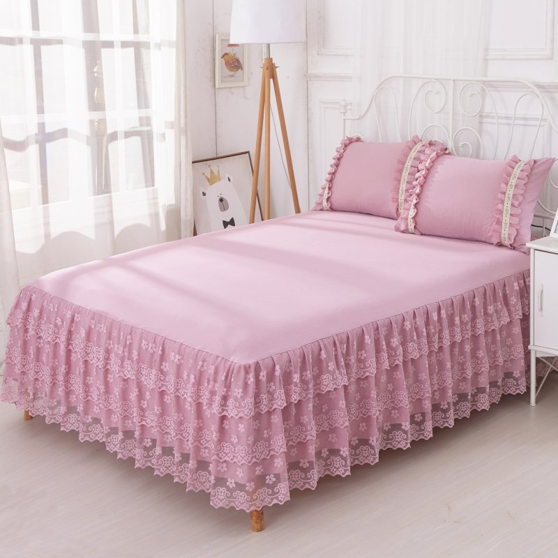 Pure color simple washed lace bedcover bedskirt sets
