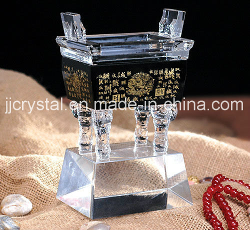 China Glass Art Ancient Chinoiserie Crystal Ding with Black Base