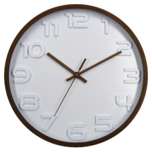 Elegant Woodgrain & White Dial Wall Clock: Raised Numerals, Timeless Charm
