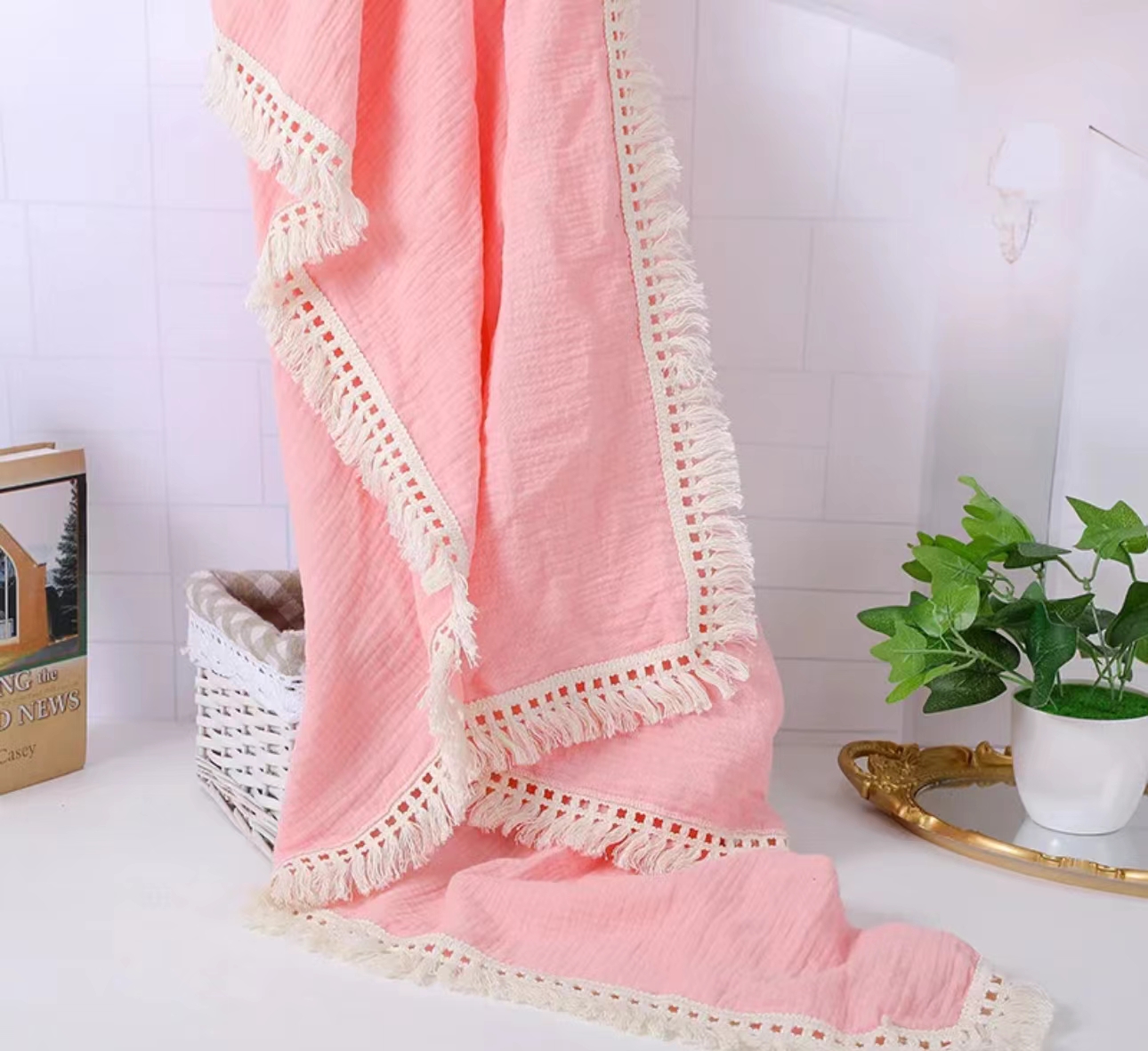 100 pamuklu saçaklı bebek battaniye pembesi 100 Cotton Fringed Baby Blanket Pink
