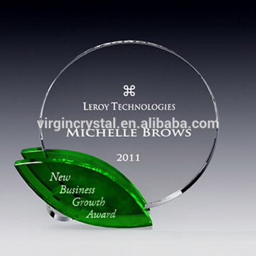 Crystal round customized logo plaques awards with green leaf as gifts souvenirs