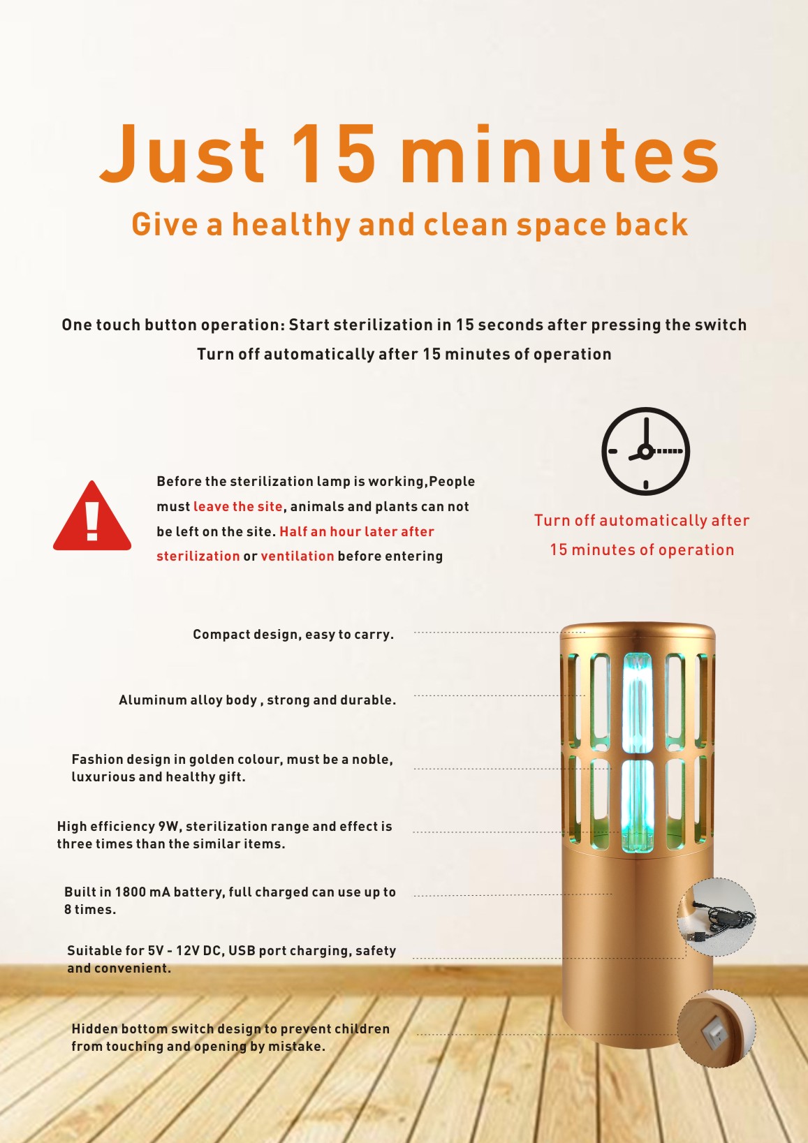 USB Charge 1800 Ma Construit dans la batterie LI DC 9W Ultraviolet ultraviolet UVC + O3 LAMPE GERMICIDAL