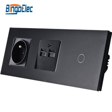 black Toughened glass panel french type wall mounted power socket,glass wall socket