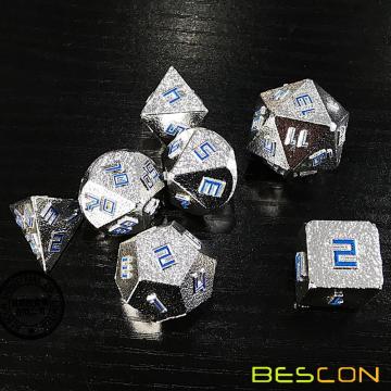 Juego de dados de metal sólido Bescon Shiny Lore Silver Ore Lode, Juego de 7 dados de metal crudo poliédrico D&amp;D RPG