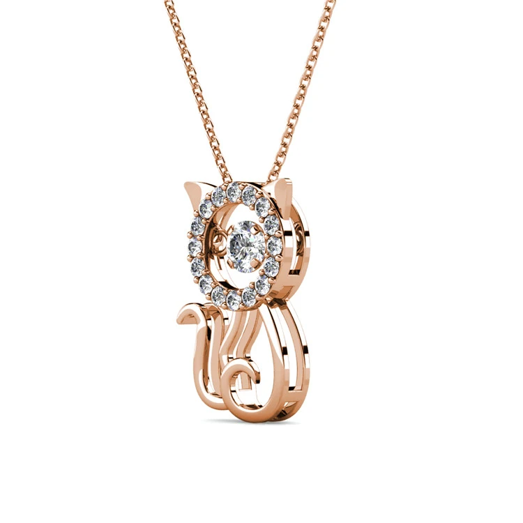 Delicate Dancing Sparkling Crystal Cute Kitty Cat Gold Pendant Necklace for Women