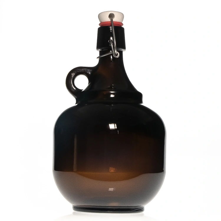 Brown Glass Bottle with Handle and Clasp, 2-Liter Beer Bottle and Enzyme Bottle