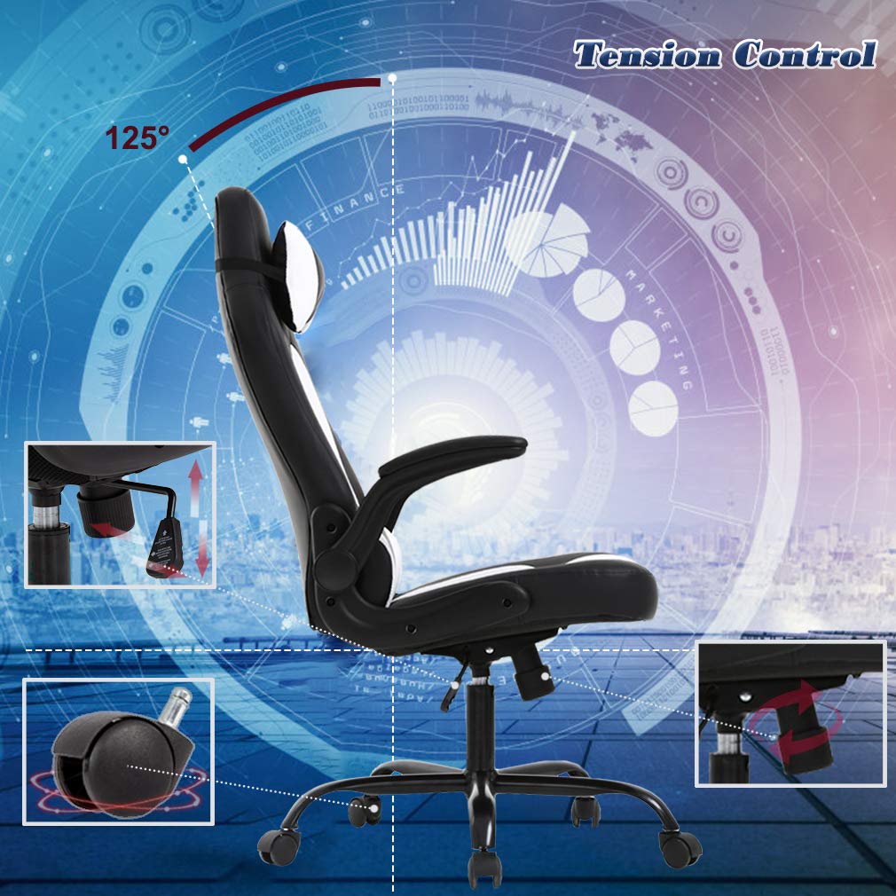 White PC Gaming Chair Massage Function Office Chair High-level Seating Comfort Chair with Adjustable Headrest