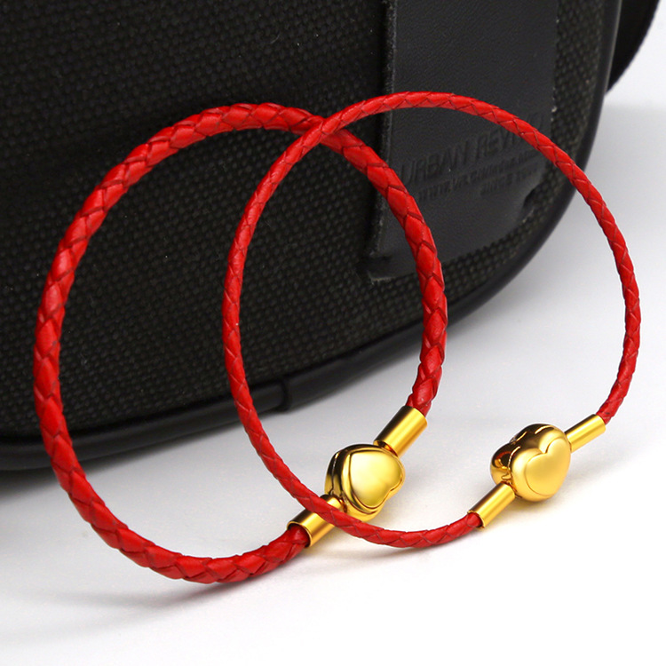 Custom stainless steel Diy Jewelry red rope leather bracelet gold heart buckle braided stringed 3D beads DIY ankle bracelet