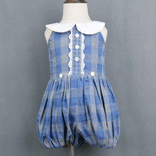 Kids Blue Cotton Flannel Plaid Ruffle Romper
