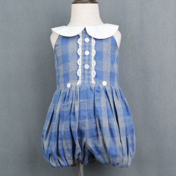 Kids Blue Cotton Flannel Plaid Ruffle Romper