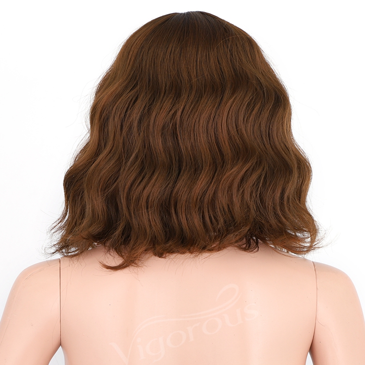 Short Curly Shoulder Length Solid Color Brown Body Wave Bob Hair Heat Resistant Fiber For Women Synthetic Wig With Neat Bang