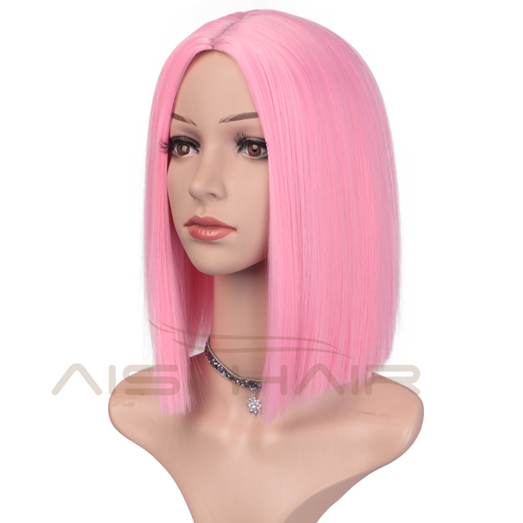 150 Length Hair Heat Resistant Wig For Black Women Pink Short Straight Bob Synthetic Middle Part Shoulder Hair Wigs