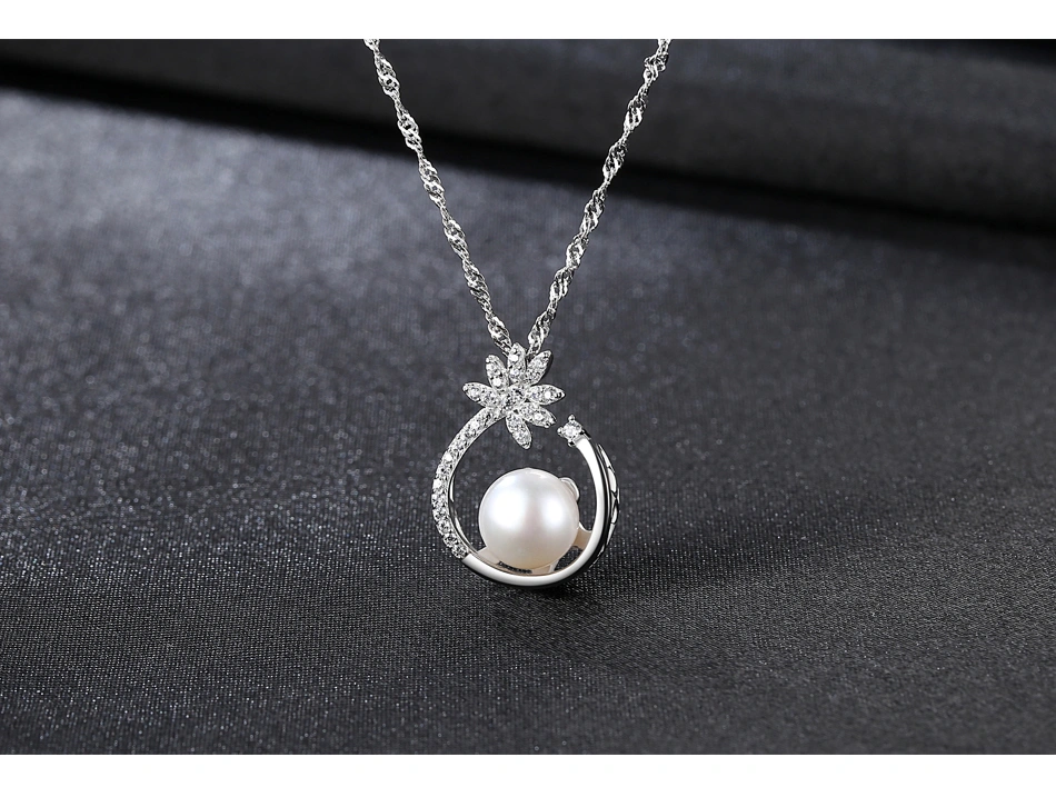 S925 Silver Fancy Semicircle Flower Freshwater Pearl Pendant Necklaces