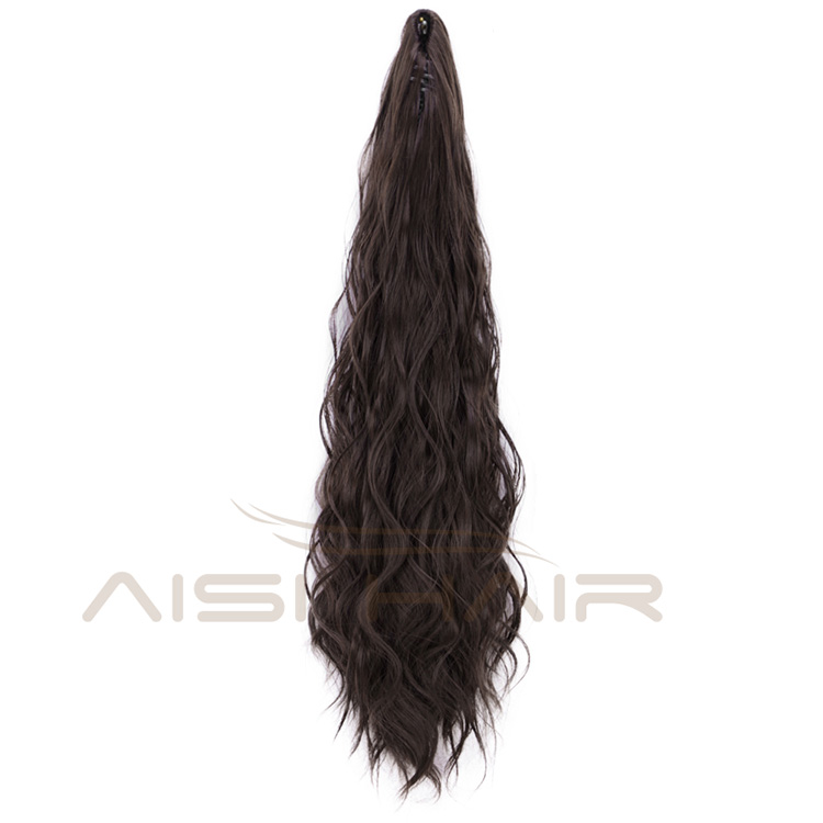 Aisi Hair Heat Resistant Fiber Long Wavy Dark Brown Claw On Ponytail Hair Extensions Claw Pony Tail Synthetic Hairpiece