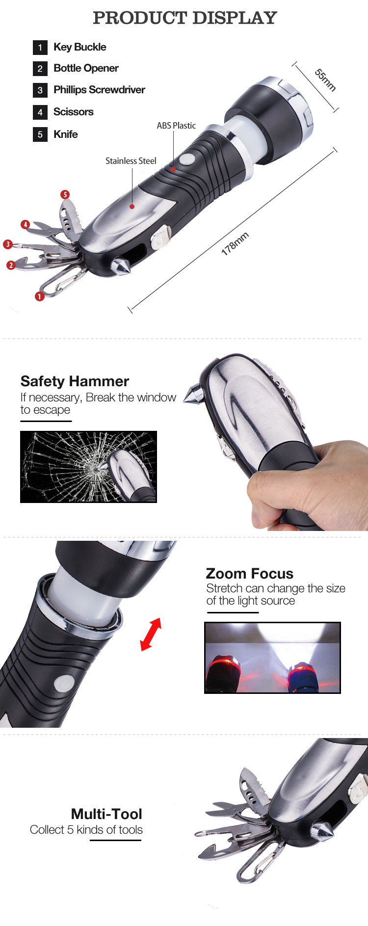 Wholesale High Power Hand Handle Led Flashlight With Hammer