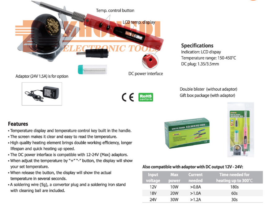 Zhongdi ZD-8950 Mini DC Power 10W 20W 30W Soldering Iron LCD Temperature Display with Adaptor Stand